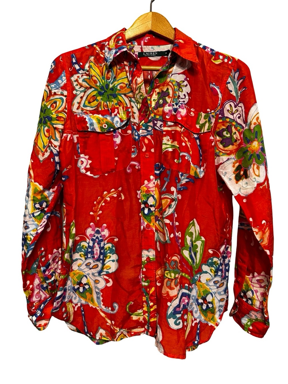 Lauren Ralph Lauren Cotton-Silk Voile Shirt Size Medium Orange Multi Floral - Picture 7 of 12